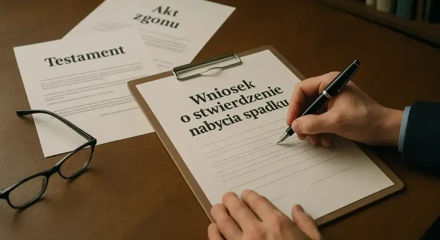 Dłoń pisze wniosek o stwierdzenie nabycia spadku. Obok leżą testament i akt zgonu.