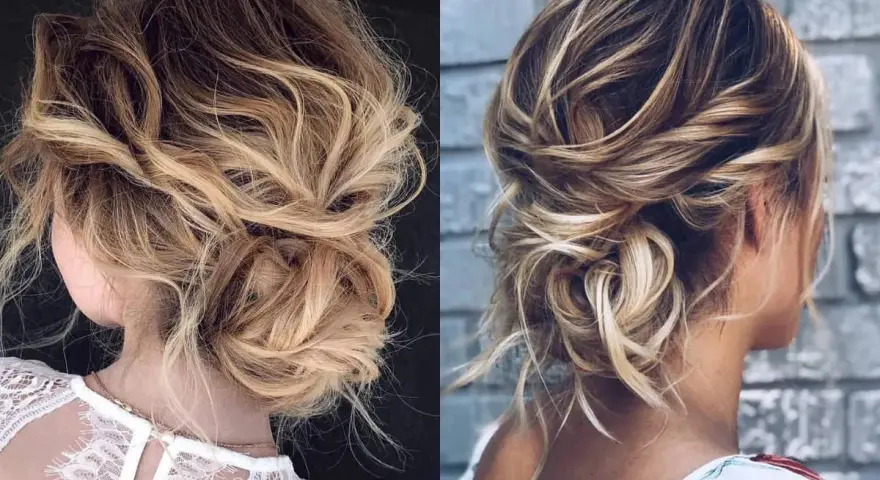 Due acconciature con capelli semi raccolti eleganti, con morbide onde bionde e castane, perfette per un look romantico.