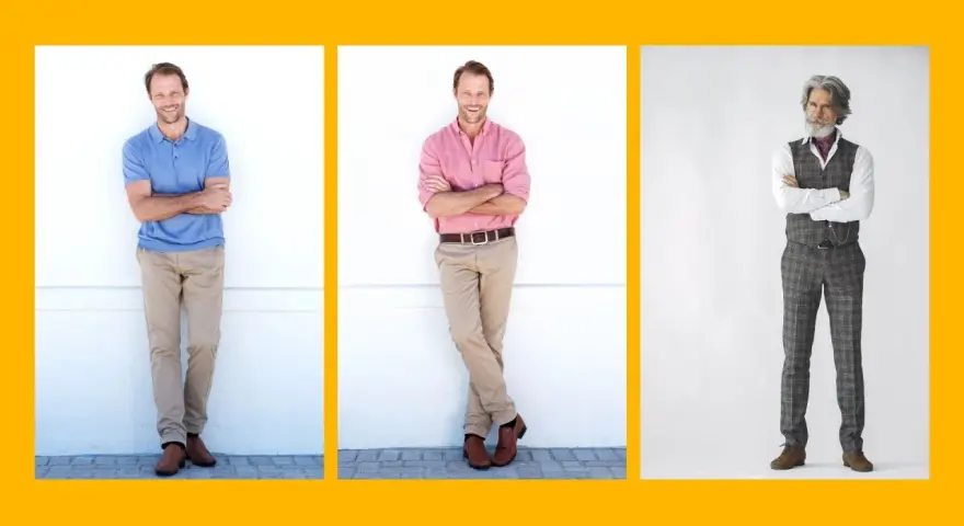 Trzech mężczyzn prezentuje różne style ubierania się: casualowy polo, elegancki z koszulą i garnitur w kratę.