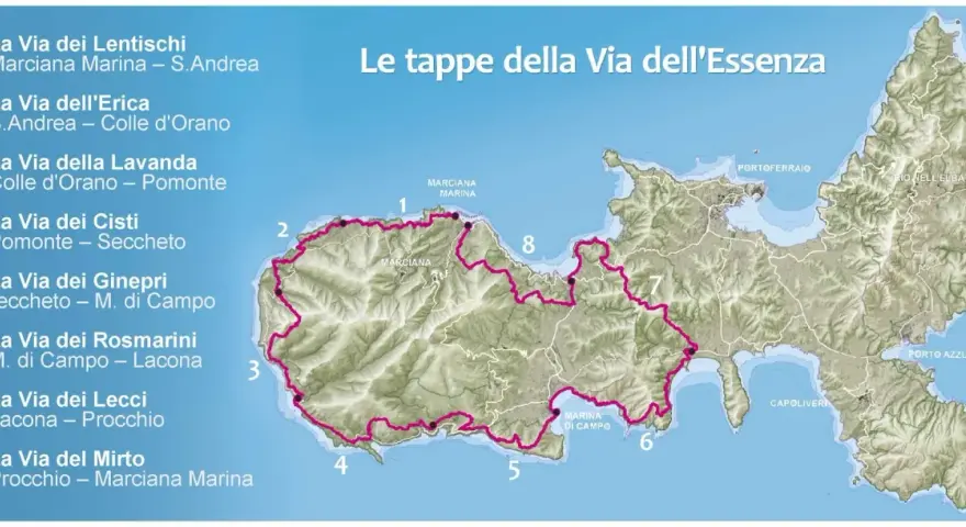 Mappa dell'Isola d'Elba con le tappe della Via dell'Essenza, un percorso che attraversa sentieri panoramici e borghi caratteristici.