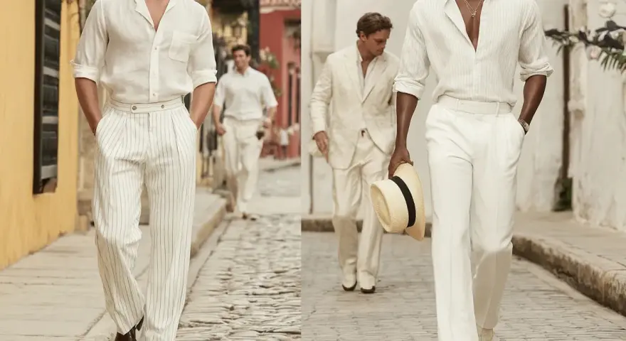 Uomini con un elegante outfit uomo pantaloni bianchi a righe, camicie leggere e cappello di paglia, passeggiano su un vicolo acciottolato.
