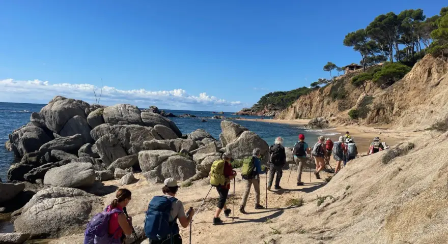 Une randonnée côtière ensoleillée, avec un groupe de randonneurs profitant d'une marche afghane le long d'une plage rocheuse et d'une falaise verdoyante.