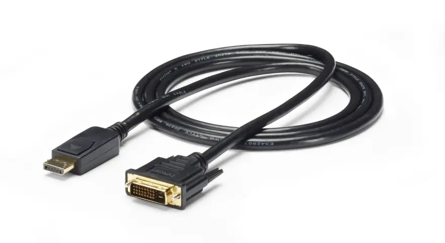 En svart kabel med en DisplayPort-kontakt i ena änden och en DVI-kontakt i den andra. En jämförelse av displayport vs dvi.