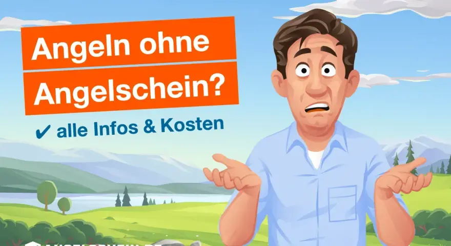Verwirrter Mann fragt: Angeln ohne Angelschein? Hier gibt's alle Infos & Kosten. Landschaft mit See und Bergen im Hintergrund.