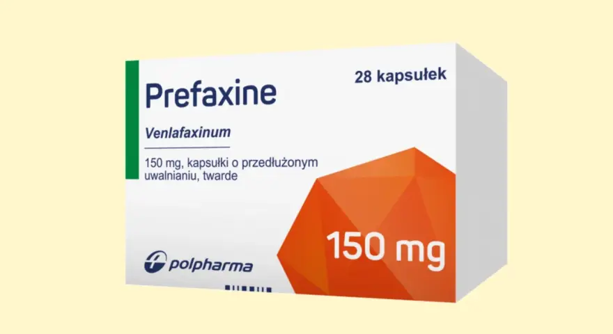 Opakowanie leku Prefaxine 150 mg, zawierające 28 kapsułek o przedłużonym uwalnianiu.