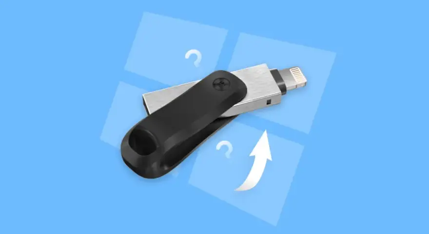 Pendrive z wtyczką Lightning i pytajnikami. Dowiedz się, jak sformatować dysk, aby odzyskać miejsce.
