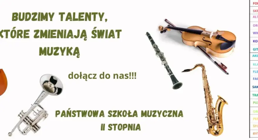 Państwowa Szkoła Muzyczna II stopnia budzi talenty, które zmieniają świat muzyką. Instrumenty: kontrabas, trąbka, skrzypce, klarnet, saksofon.