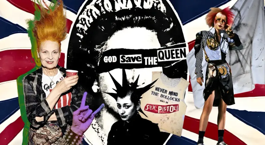 Vivienne Westwood Punk Ikone mit zerzaustem Haar und einem Becher in der Hand, umgeben von Punk-Symbolen und der britischen Flagge.