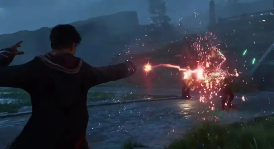 Uczeń rzuca zaklęcie, walcząc z przeciwnikiem. Wyobraź sobie, jakby to wyglądało w **Hogwarts Legacy multiplayer**!