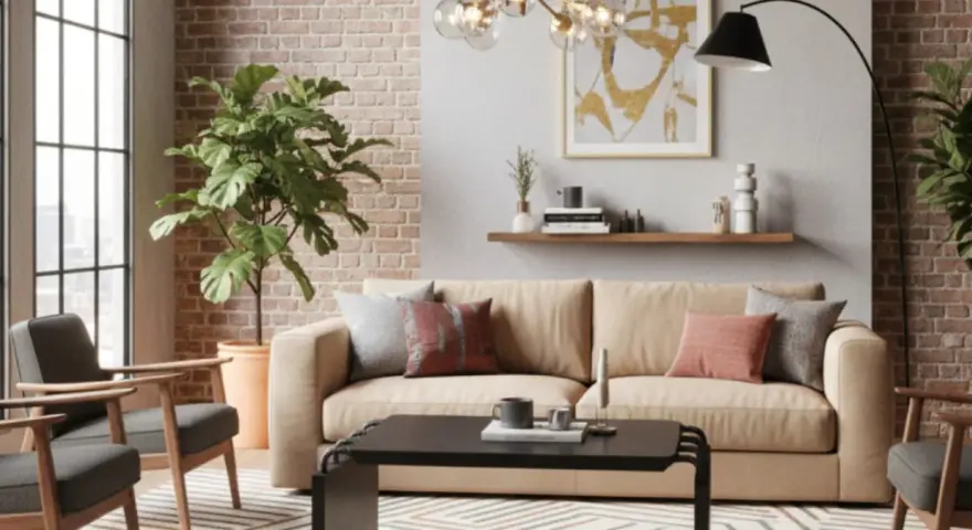 Przytulny salon z kanapą w kolorze słomkowym, szarymi fotelami, ceglaną ścianą i dużą rośliną.