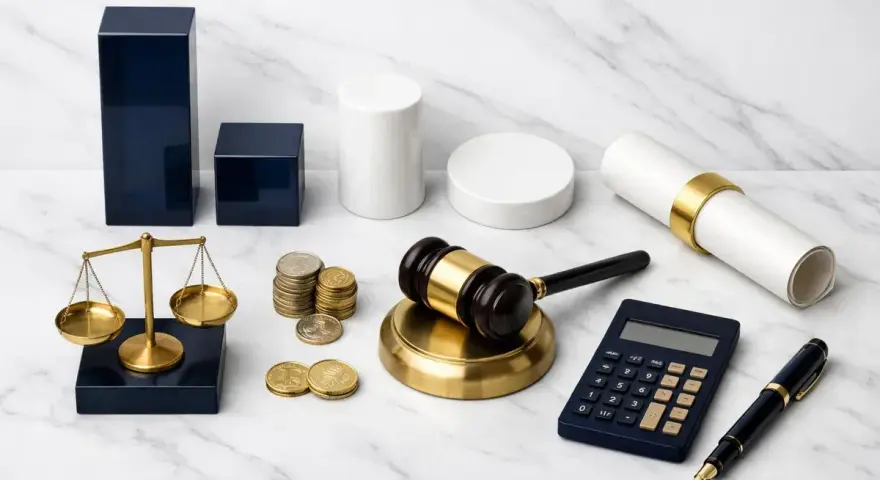 Balance, marteau de juge, calculatrice, stylo, pièces et diplôme symbolisent les frais d'avocat pour partage judiciaire.