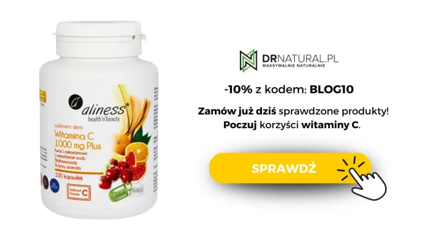 Suplement diety Aliness Witamina C 1000 mg Plus, zawierający kwas L-askorbinowy i inne składniki. Poczuj korzyści witaminy C!
