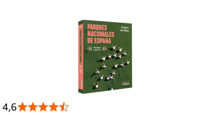 Libro "Parques Nacionales de España" con flamencos rosados en vuelo. Explora la belleza sonora de estos lugares.