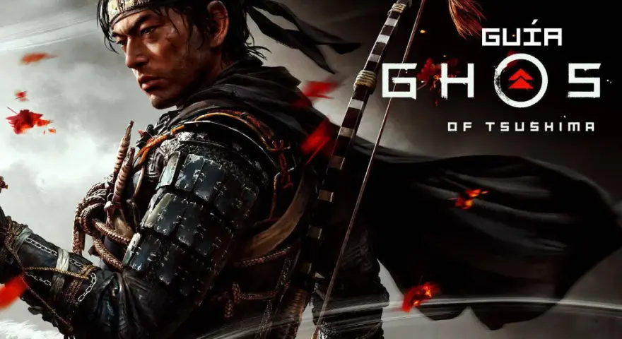 Jin Sakai, protagonista de la **guía Ghost of Tsushima**, con armadura samurái y arco. Hojas rojas flotan en el aire.