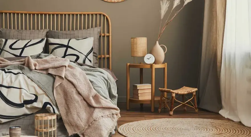 Dormitorio con cama de ratán, ropa de cama beige y gris, manta rosa, mesita auxiliar de madera y alfombra redonda.