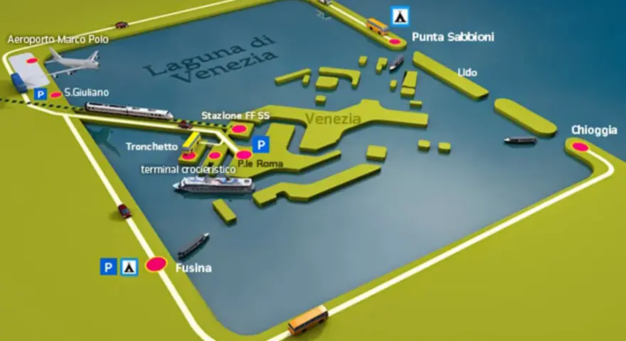 Mapa Wenecji i okolic: lotnisko Marco Polo, stacja kolejowa, terminal promowy, Punta Sabbioni, Lido, Chioggia. Dojazd z Treviso.