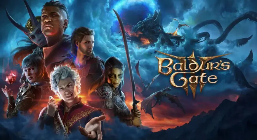 Postacie z Baldur's Gate 3, w tym Minthara, na tle mrocznego, burzowego nieba z smokami i logo gry.