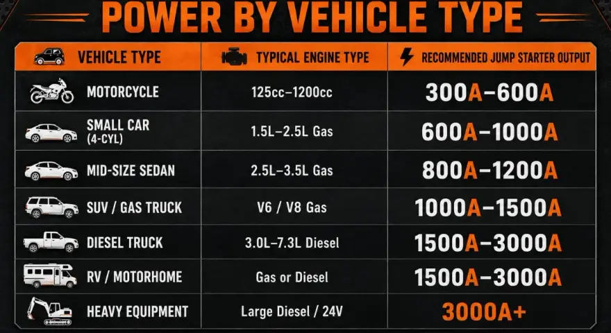 Chart shows how many amps to start a semi truck: 1500A-3000A for diesel trucks, and 3000A+ for heavy equipment.