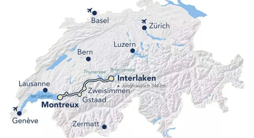 Map showing the scenic Golden Pass train route from Interlaken to Montreux, passing through Zweisimmen and Gstaad.