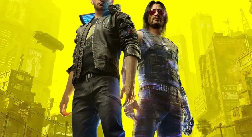 Dos hombres en Night City, uno con chaqueta de cuero y otro con chaleco táctico, listos para aplicar trucos de Cyberpunk 2077.