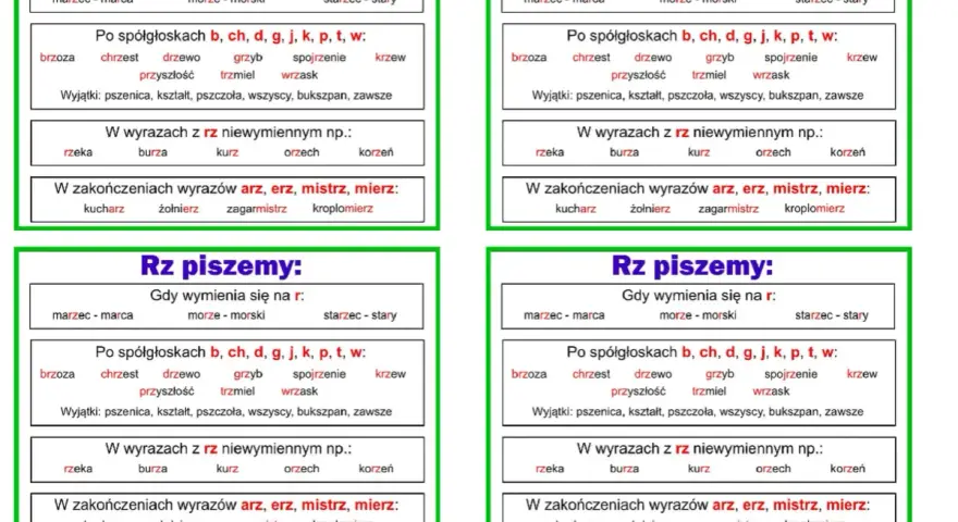 Tablice edukacyjne o pisowni "rz" po spółgłoskach, z przykładami wyrazów jak "brzoza", "chrzest", "rzeka", "burza", "kurz", "orzech", "korzeń", "kucharz", "żołnierz".
