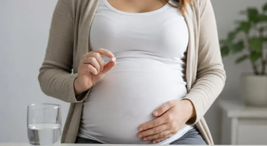 Kobieta w ciąży trzyma tabletkę, zastanawiając się nad aspiryną w ciąży. Obok stoi szklanka wody.