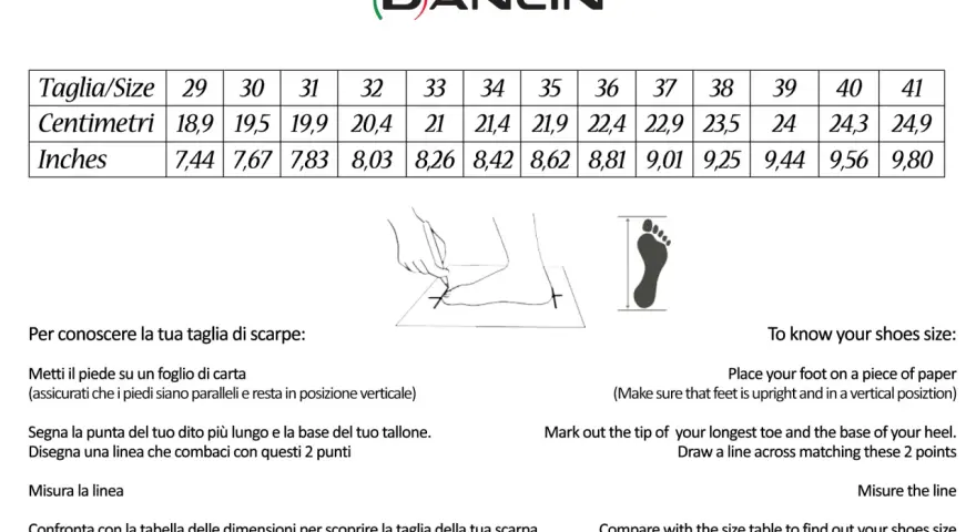 Tabella taglie scarpe: un piede lungo 25 cm corrisponde a una taglia 39. Misura il tuo piede per trovare la taglia giusta.