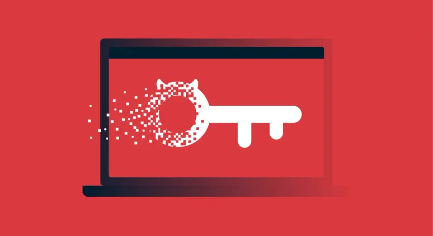 Laptop z kluczem, który rozpada się na piksele. Uważaj na trojan wirus link, który może zaszkodzić Twoim danym.