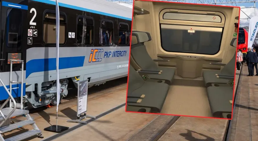 Nowy wagon PKP Intercity z wygodnymi siedzeniami i dużym oknem.
