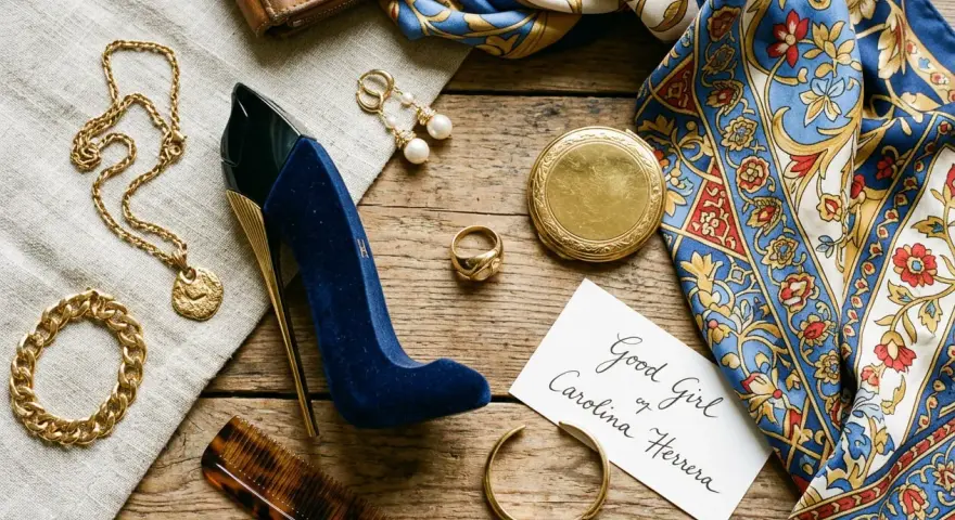 Elegancki zestaw: perfumy damskie bucik, złota biżuteria, jedwabna apaszka i brązowy portfel.