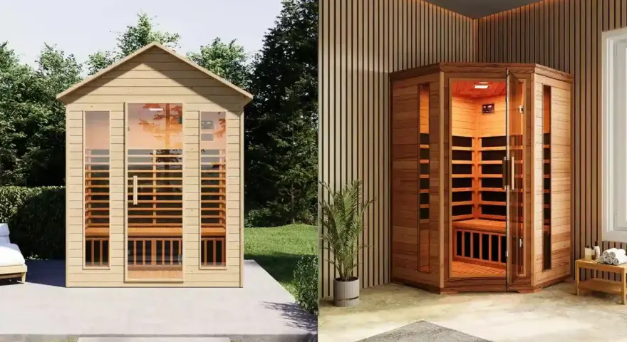 Cabine per saune a infrarossi: una all'esterno, in legno chiaro, e una all'interno, angolare, con illuminazione calda.
