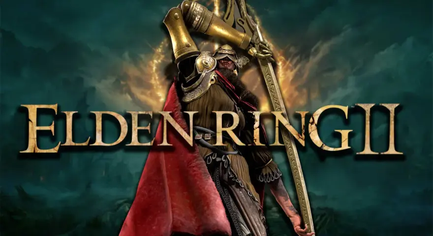 Un guerrero con armadura dorada y capa roja levanta un arma imponente. El título "ELDEN RING II" se cierne sobre la escena, sugiriendo una nueva aventura épica.
