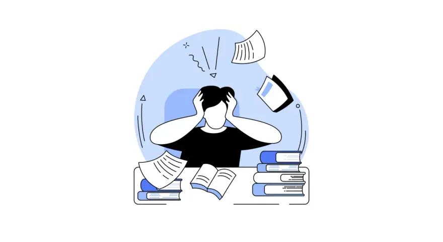 Überforderter Student mit Büchern und Papieren, der versucht, sein Englisch zu verbessern.