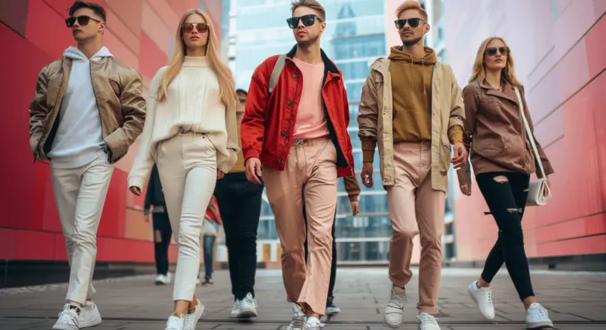 Grupa młodych ludzi w modnych stylizacjach, każdy prezentuje swój unikalny outfit.