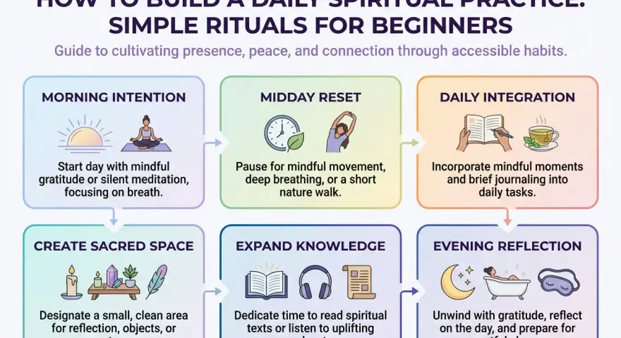A guide on how to do a ritual for beginners, featuring morning intention, midday reset, daily integration, creating sacred space, expanding knowledge, and evening reflection.