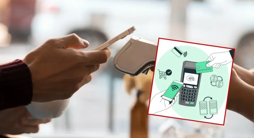 Płatność zbliżeniowa telefonem. Dwie dłonie zbliżają smartfony do terminala płatniczego, pokazując wygodę i szybkość transakcji.