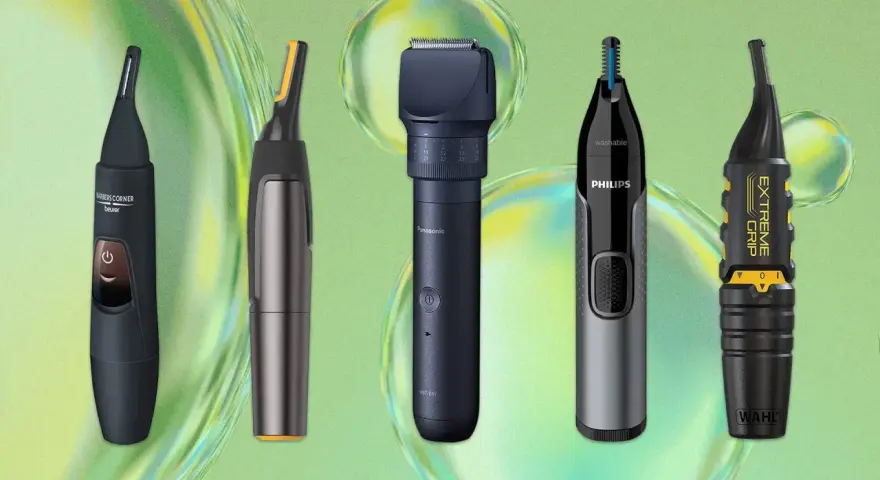 Cinco recortadoras para eliminar pelos en la nariz, de marcas como Philips y Wahl, sobre un fondo verde abstracto.