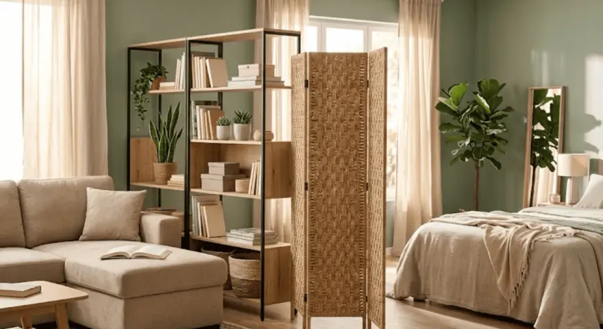 Un dormitorio integrado en el salón, con un sofá, estanterías y una cama separada por un biombo de fibras naturales.