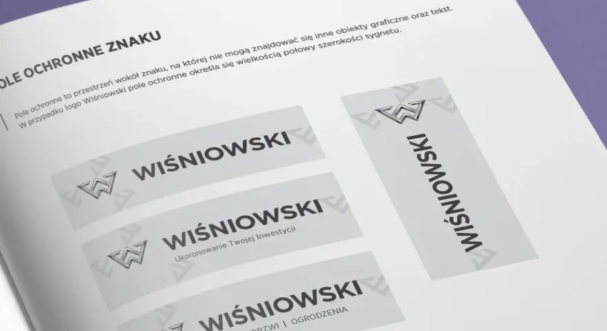 Logo Wiśniowski w kontrze, prezentujące różne warianty i zastosowania znaku.