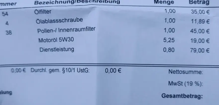 Rechnung für BMW Reparatur: Ölfilter, Öl, Dienstleistung. Gesamtkosten 303,26 €.