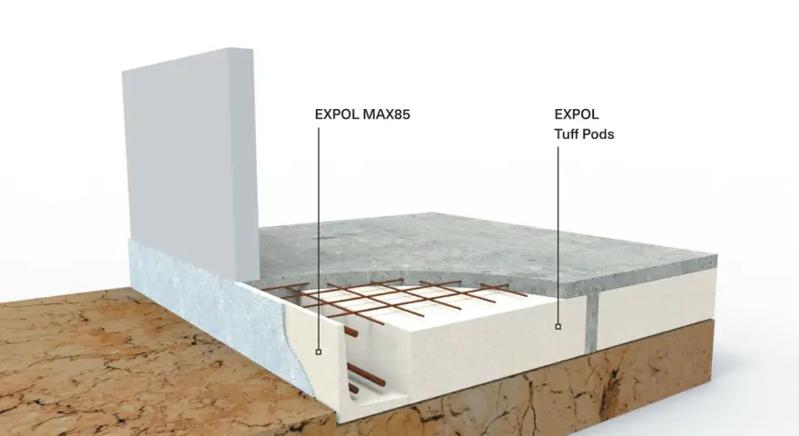 Przekrój posadzki garażowej z EXPOL MAX85 i EXPOL Tuff Pods. Solidny beton na posadzkę w garażu to podstawa.