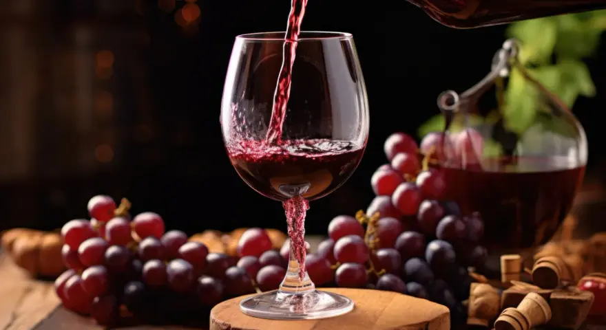 Czerwone wino nalewane do kieliszka, obok kiście winogron. Idealne na domowy przepis na wino z winogron 10l.