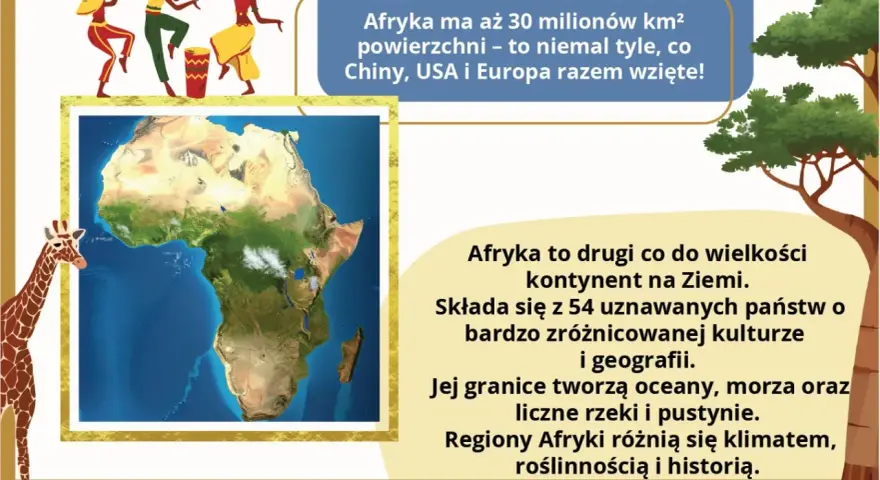 Ilustracja przedstawia mapę Afryki, żyrafę i tańczące postacie. Podkreśla różnorodność krajów afrykańskich, ich kulturę i geografię.