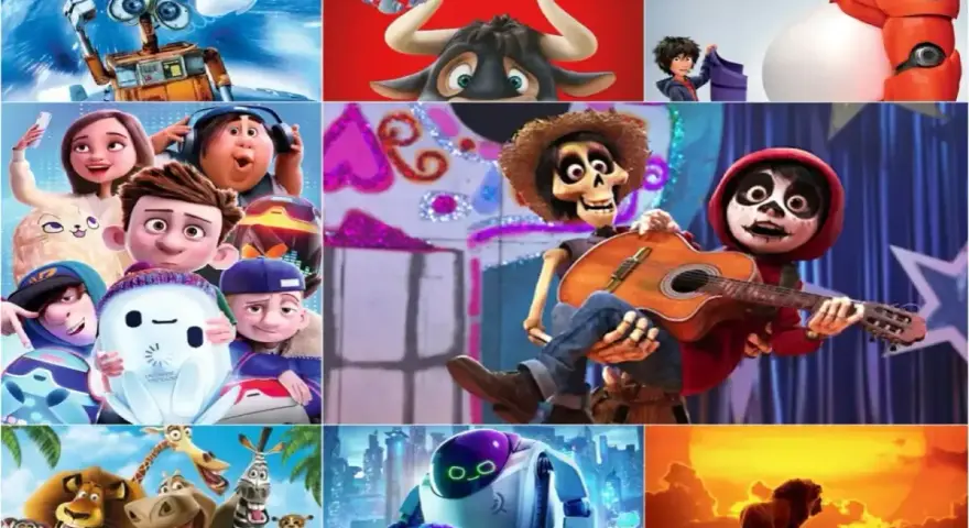 Kolaż z bohaterami WALL-E, Ferdynanda, Wielkiej Szóstki, Ronin, Coco, Madagaskaru, a także Króla Lwa. Te **stare bajki dla dzieci** to klasyka animacji.