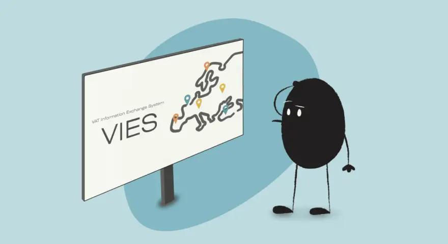 Un personaje negro mira un cartel que dice "VIES VAT Information Exchange System" y un mapa de Europa. ¿Qué es el VAT?