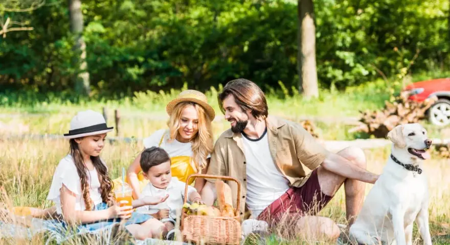 Familie genießt einen sonnigen **Picnic Berlin** im Grünen mit Hund.