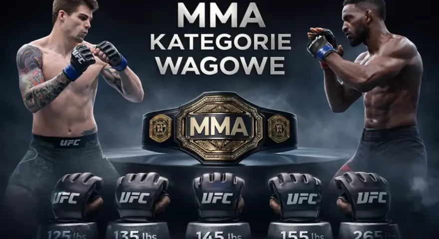 Dwóch zawodników MMA w pozycjach bojowych, pas mistrzowski UFC i rękawice z wagami: 125, 135, 145, 155, 265 lbs.