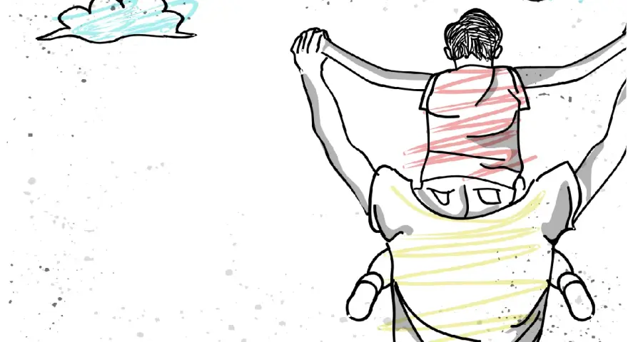 Un niño en hombros de su padre, un tierno dibujo para el día del padre, con nubes y salpicaduras.