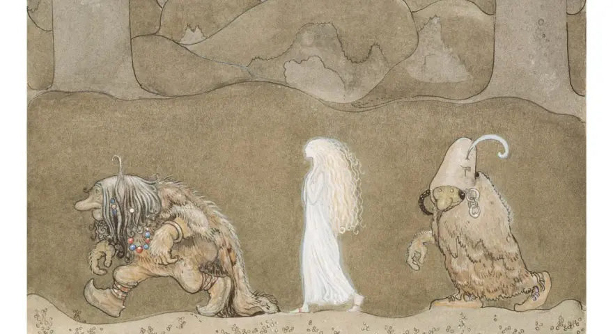 John Bauer namalował tę scenę z baśni: troll z naszyjnikiem i dziewczyna w bieli idą przez las.