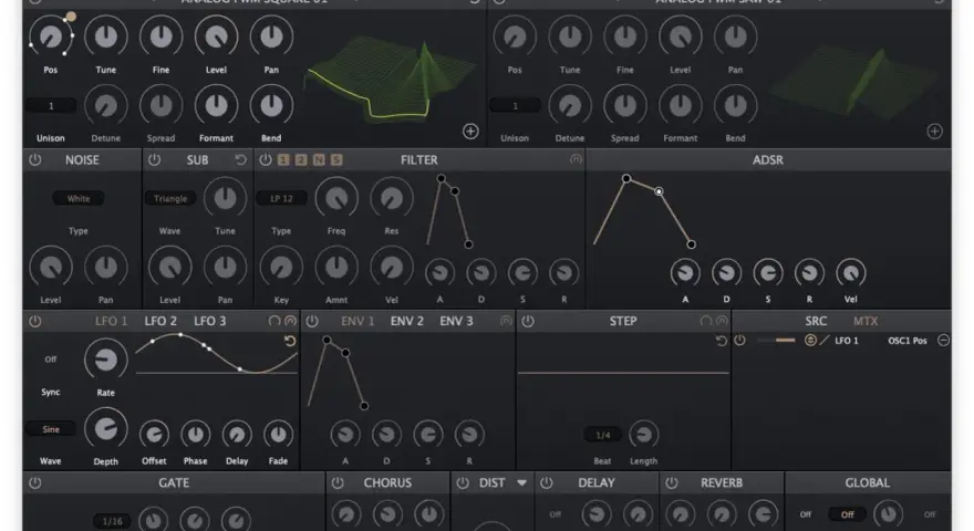 Ein Synthesizer-Interface mit Fokus auf **wavetable synthesis**. Regler für Oszillatoren, Filter, Hüllkurven und Effekte sind sichtbar.